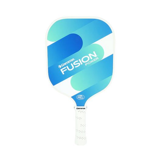 GAMMA Fusion Power 13 mm Pickleball-Schläger – blaue und türkise Schlagfläche mit weißem Griff, frontal fotografiert, USAPA-zertifiziert