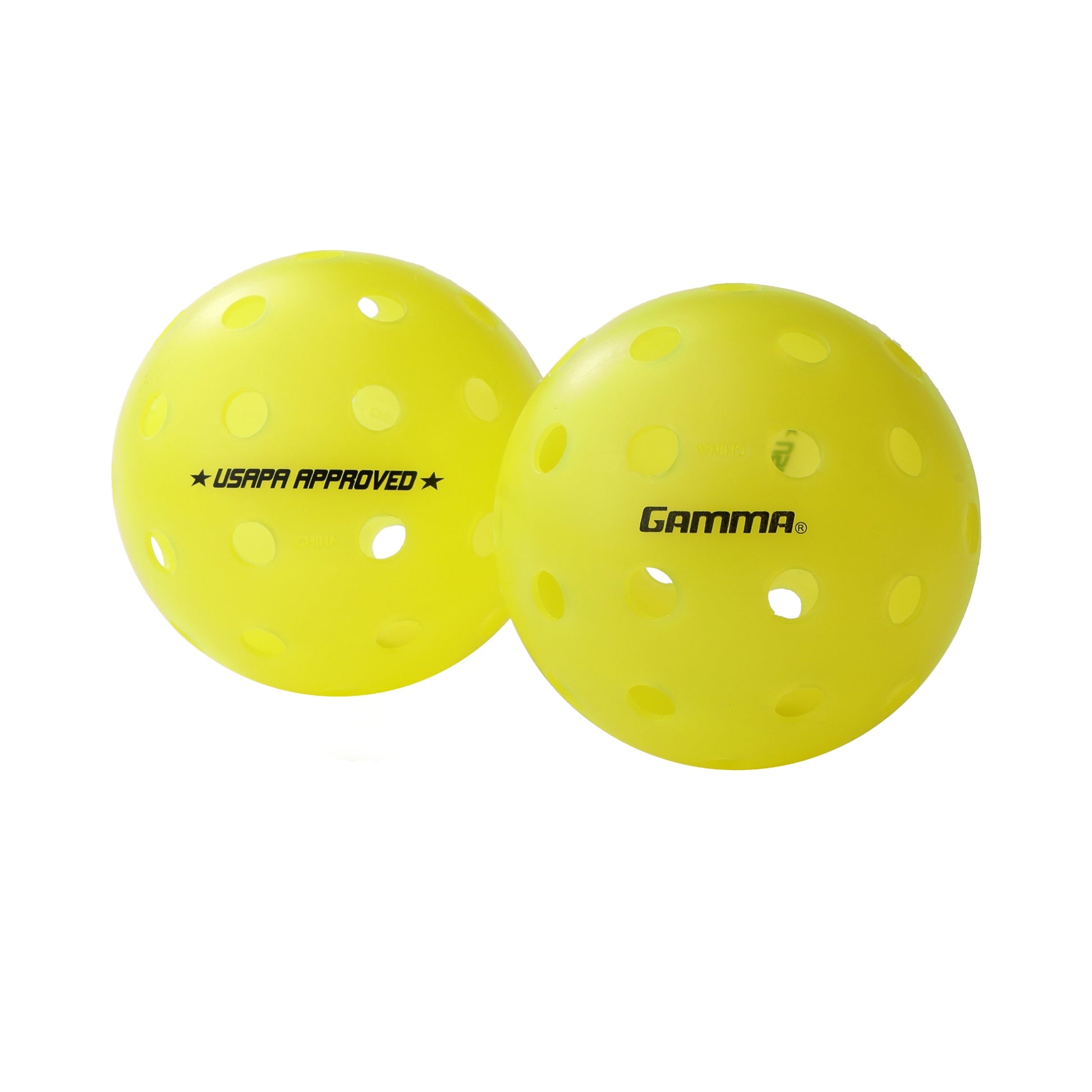 Zwei GAMMA Photon Outdoor Pickleballs nebeneinander – langlebige, USAPA-zugelassene Wettkampfbälle für den Außenbereich