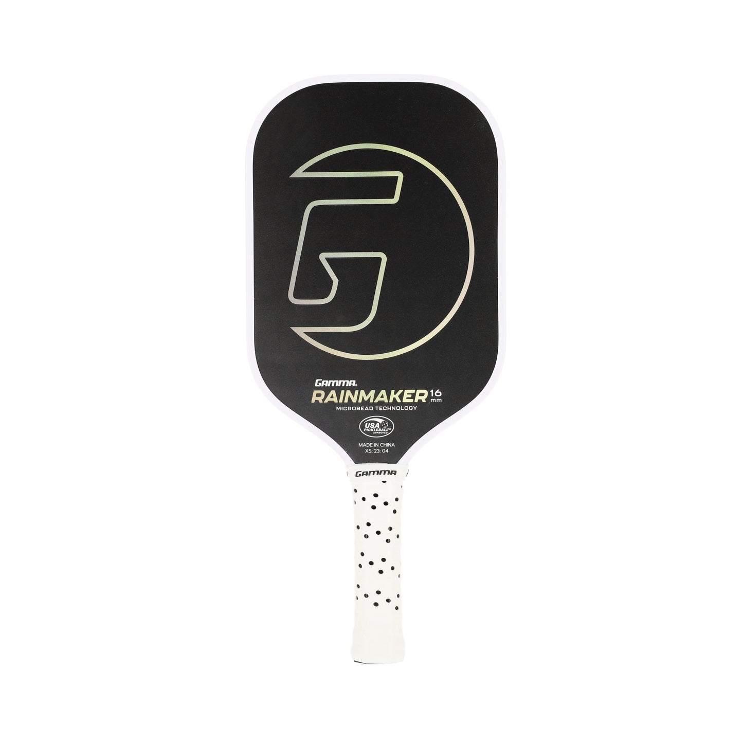 GAMMA Rainmaker 16 mm Pickleball-Schläger – schwarze Schlagfläche mit großem G-Logo und perforiertem weißen Griff, frontal fotografiert