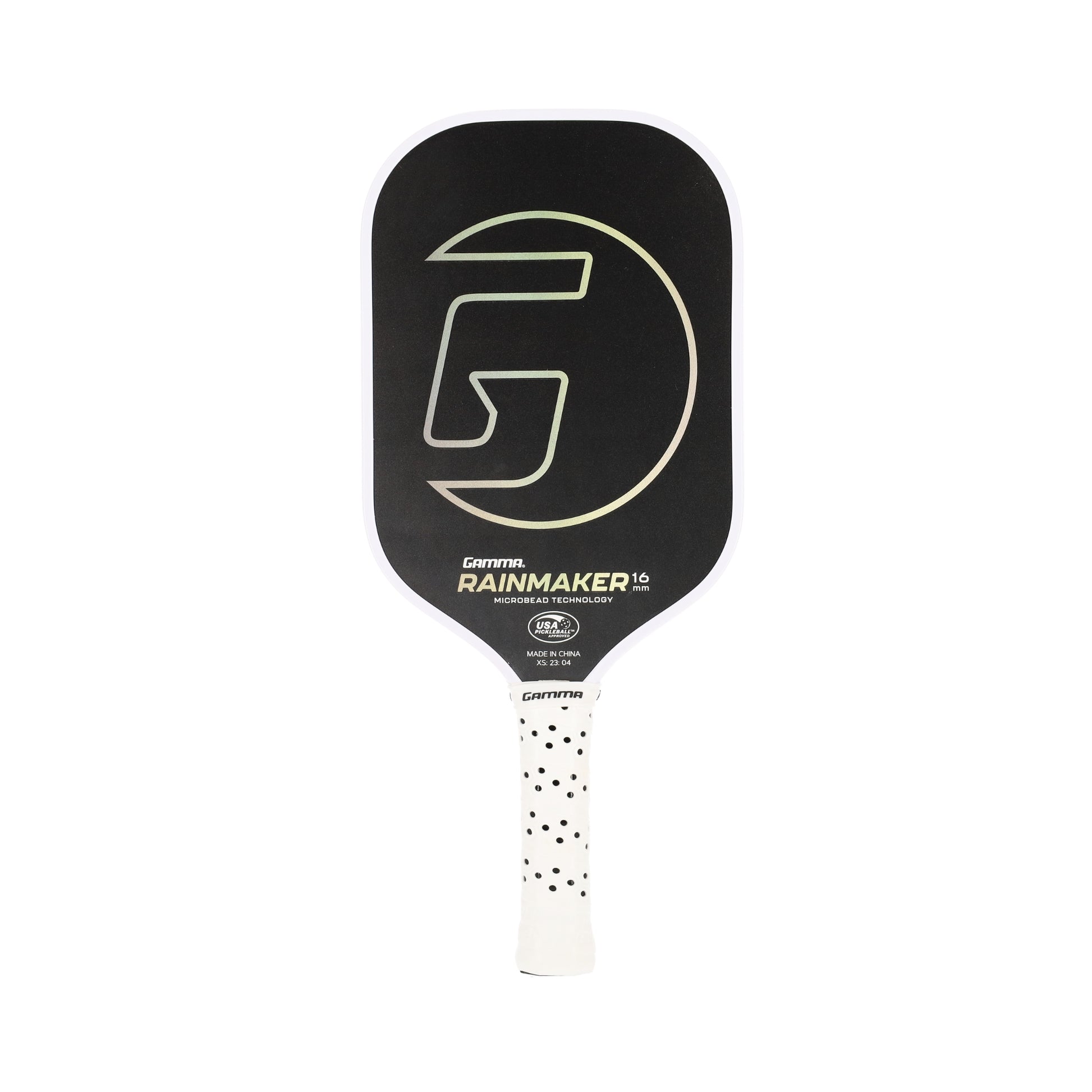 GAMMA Rainmaker 16 mm Pickleball-Schläger – schwarze Schlagfläche mit großem G-Logo und perforiertem weißen Griff, frontal fotografiert