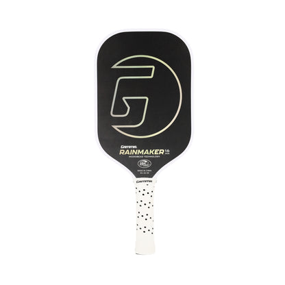 GAMMA Rainmaker 16 mm Pickleball-Schläger – schwarze Schlagfläche mit großem G-Logo und perforiertem weißen Griff, frontal fotografiert