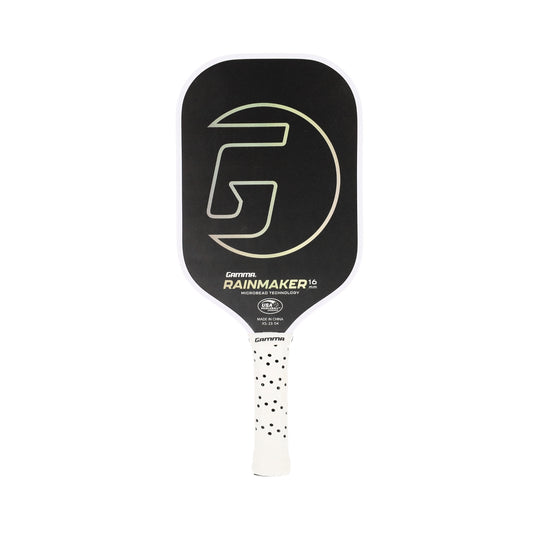 GAMMA Rainmaker 16 mm Pickleball-Schläger – schwarze Schlagfläche mit großem G-Logo und perforiertem weißen Griff, frontal fotografiert
