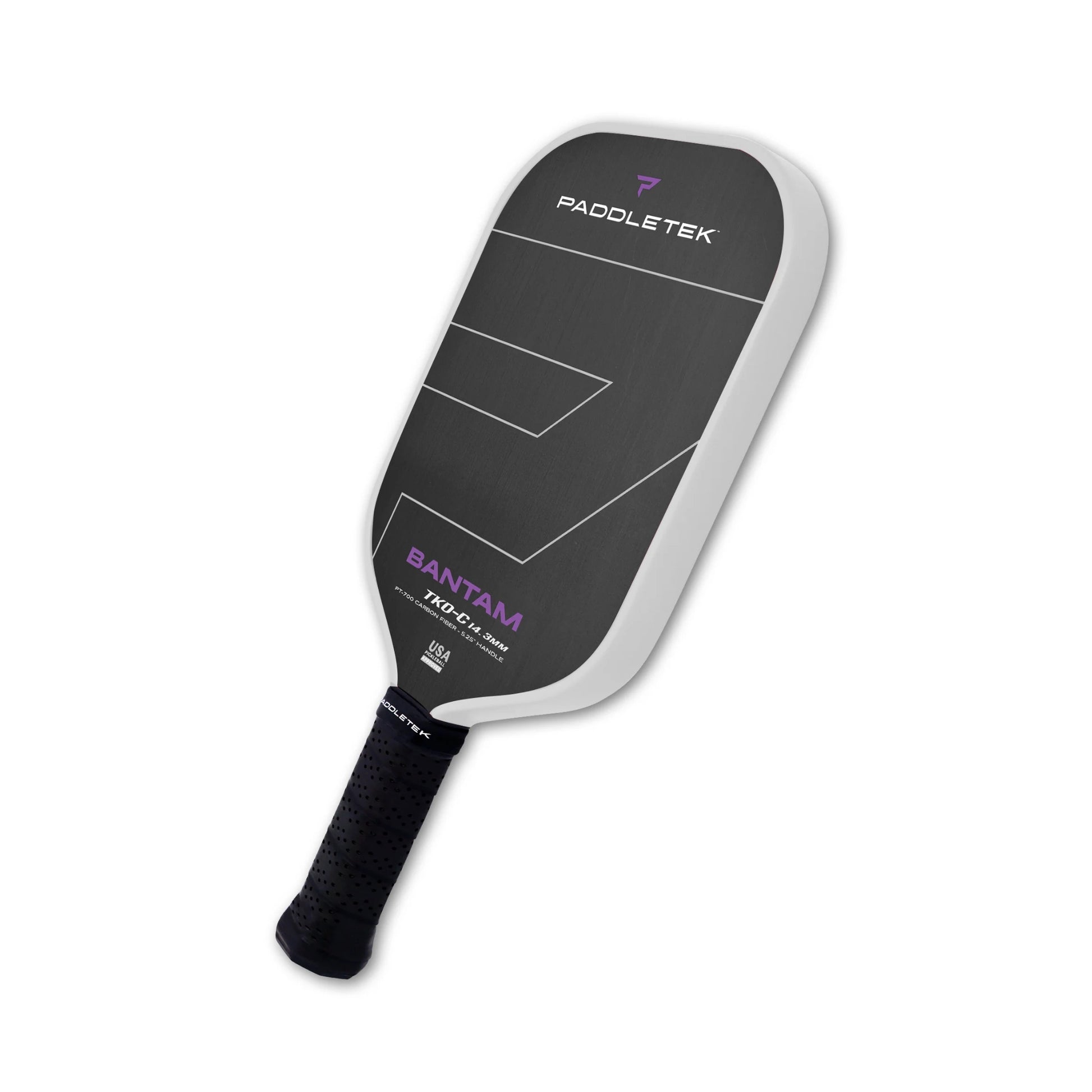 Paddletek Bantam TKO-C Pickleball Schläger in schwarz mit lilanem Schriftzug und  PT-700 RAW Karbonfaser-Oberfläche und 14,3 mm Polypropylen-Honeycomb-Kern, ergonomischer Griff für präzises Spiel und Komfort
