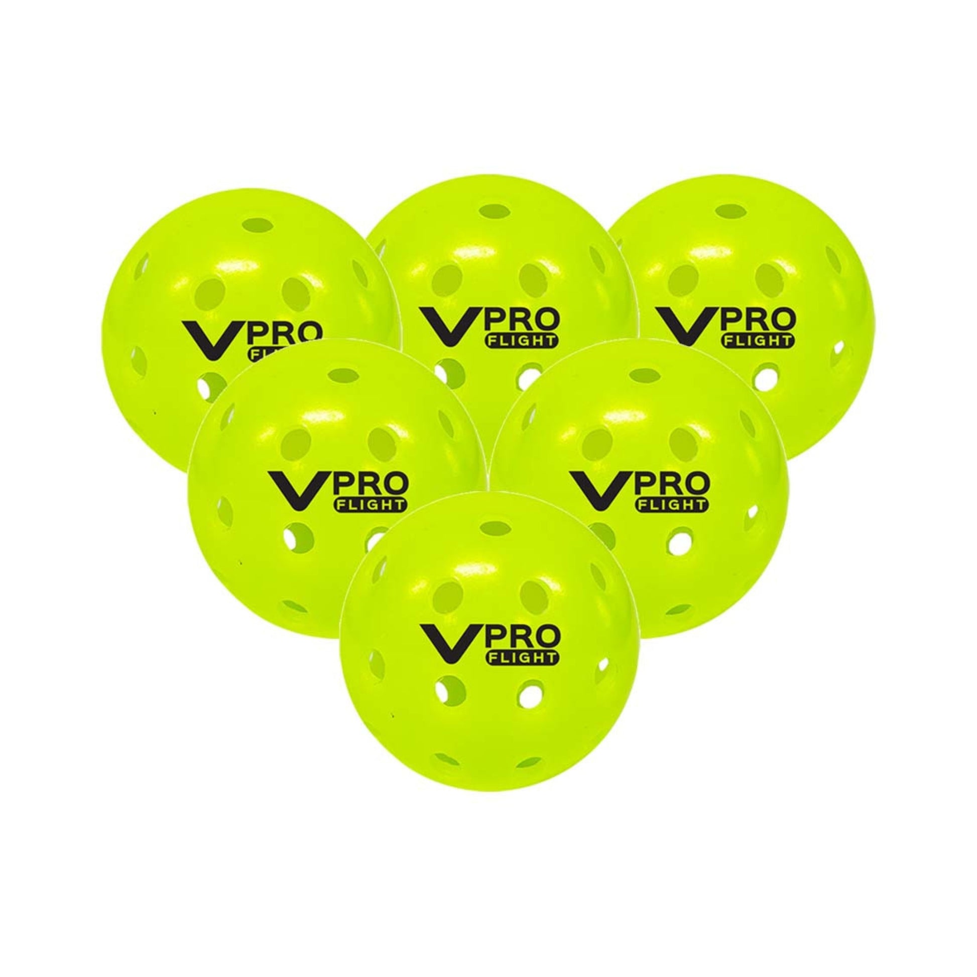 Set aus sechs leuchtend gelben Vulcan VPRO Flight Pickleball-Bällen – langlebig, outdoor-optimiert und ideal für fortgeschrittene Spieler.